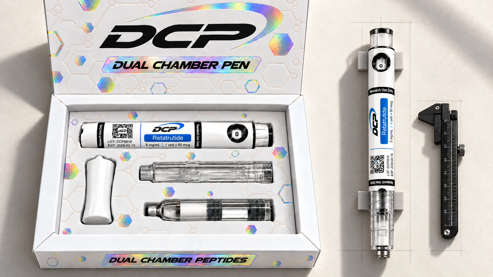 Dual Chamber Peptides — Редакционна продуктова композиция; не е снимка на реални съоръжения, аксесоари или резултати от тестове.