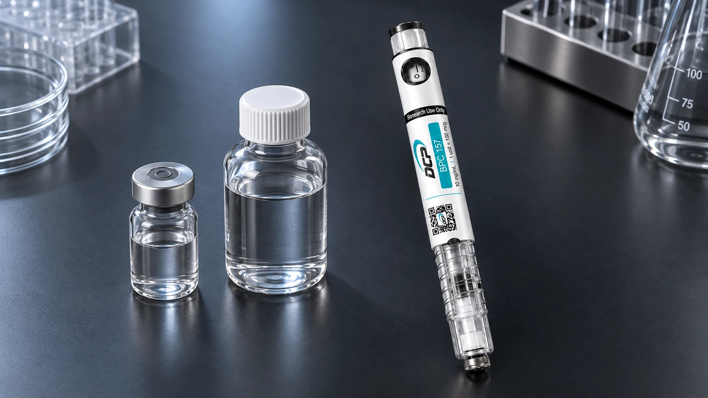 Писалка Dual Chamber Peptides до конвенционален флакон, бутилка с разтворител и опаковано лабораторно оборудване